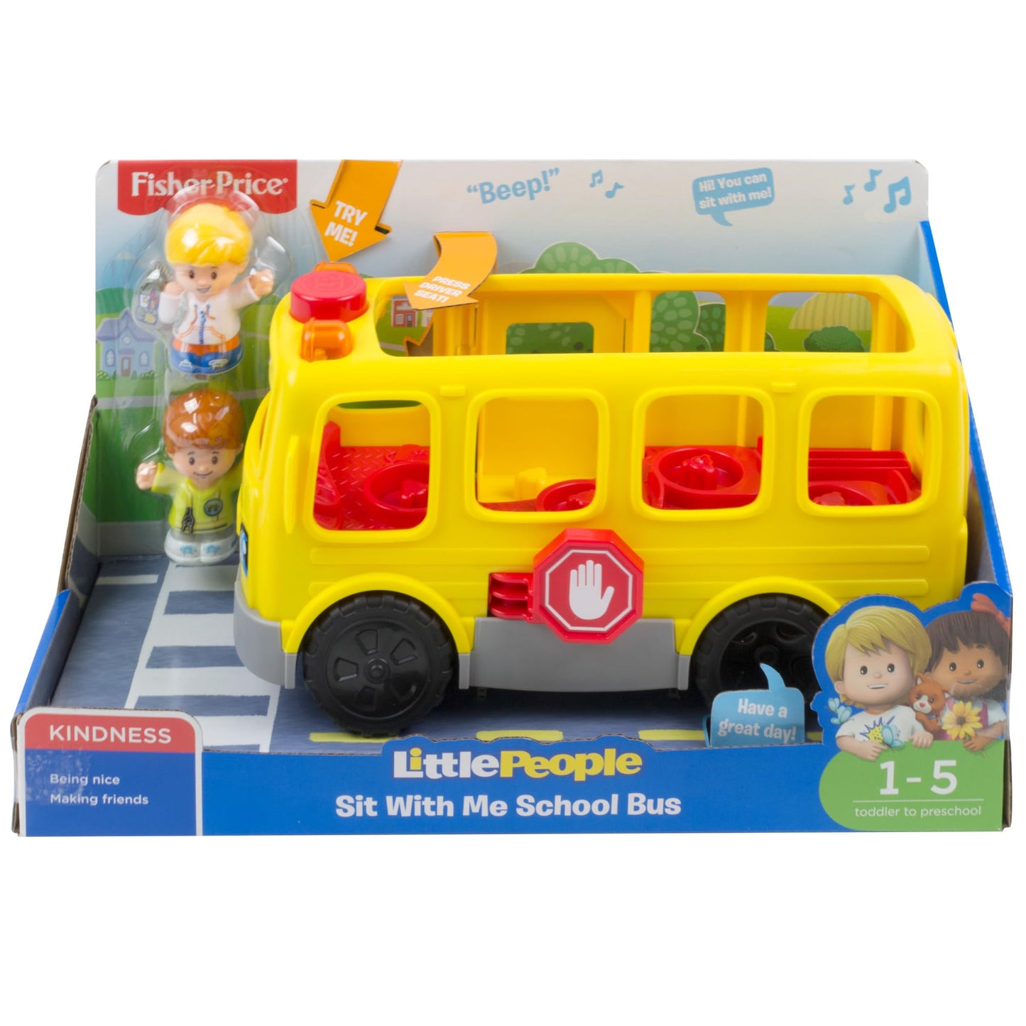 Fisher-Price Little People Sit with Me School Bus - Multilanguage Edition, push-along toy vehicle with music for toddlers and preschool kids ages 1-5 years, HJN36