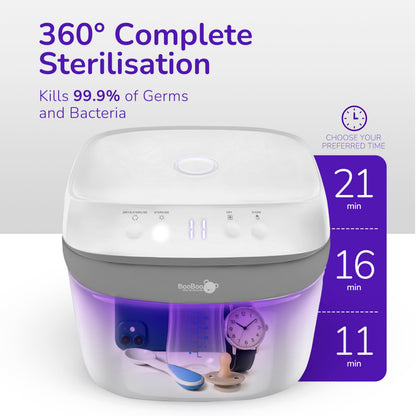 BooBoo Baby Pro UV steriliser for baby bottles, dummies, toys, and accessories with large capacity and 11-minute sterilisation cycle