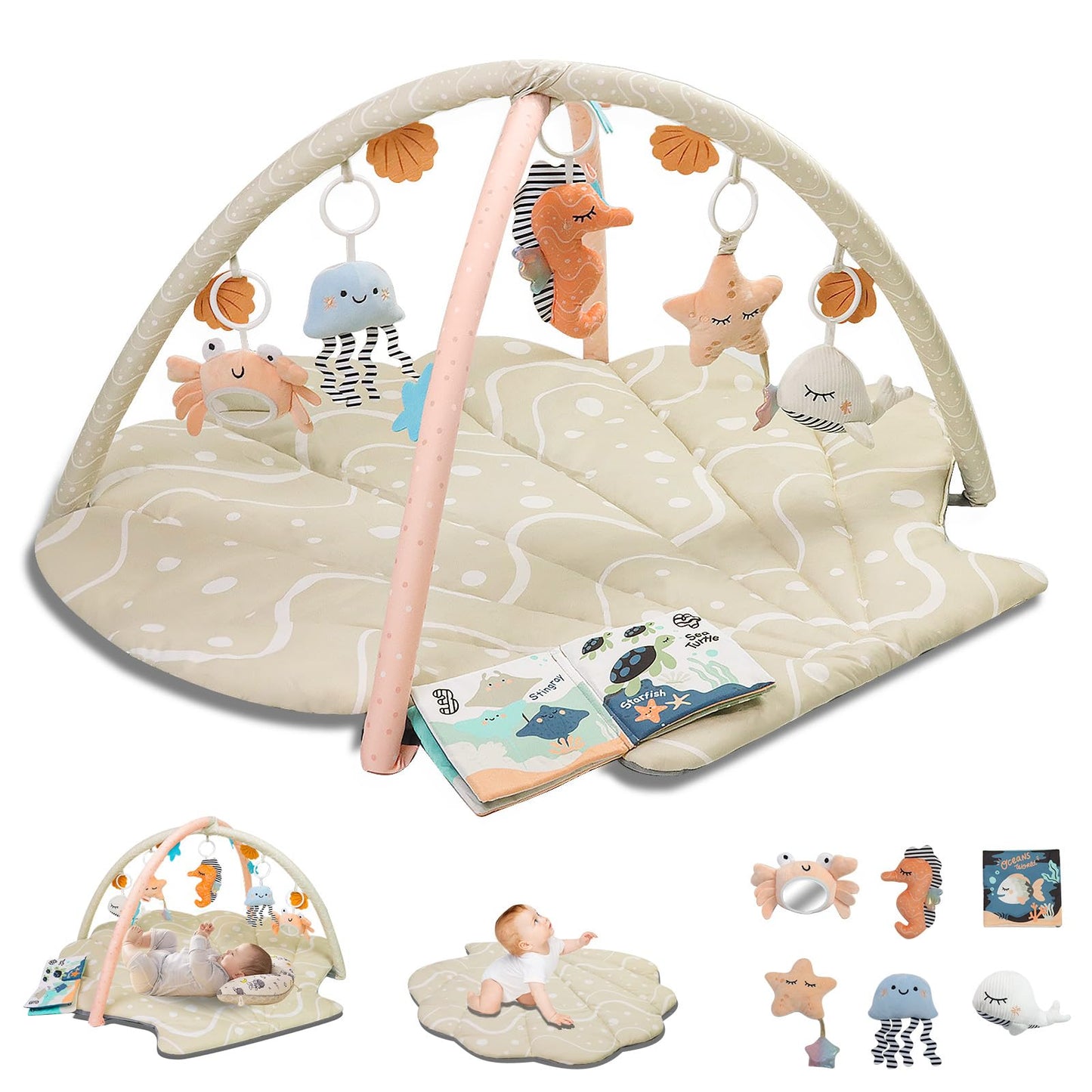 Suihuooo Baby Play Mat, Ocean Shell Theme Playmats & Floor Gyms, Baby Play Gym with 6 Detachable Activity Toys, Early Sensory Development Play Mat for Infant & Newborn (Beige)