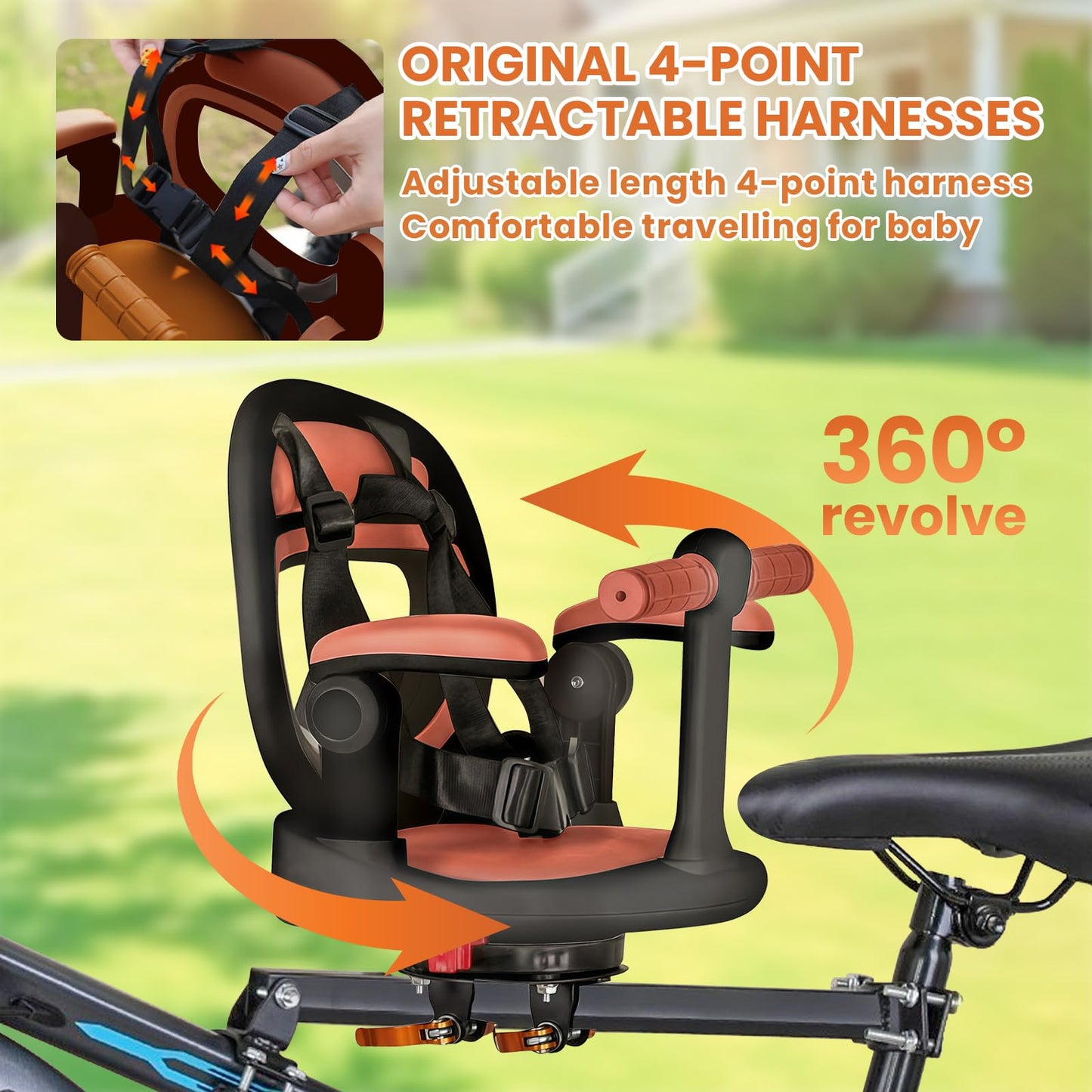 Auvstar kids mountain bike seat mounted on a bike, showing the detachable front seat for children 1-3 years old with 360° rotation.