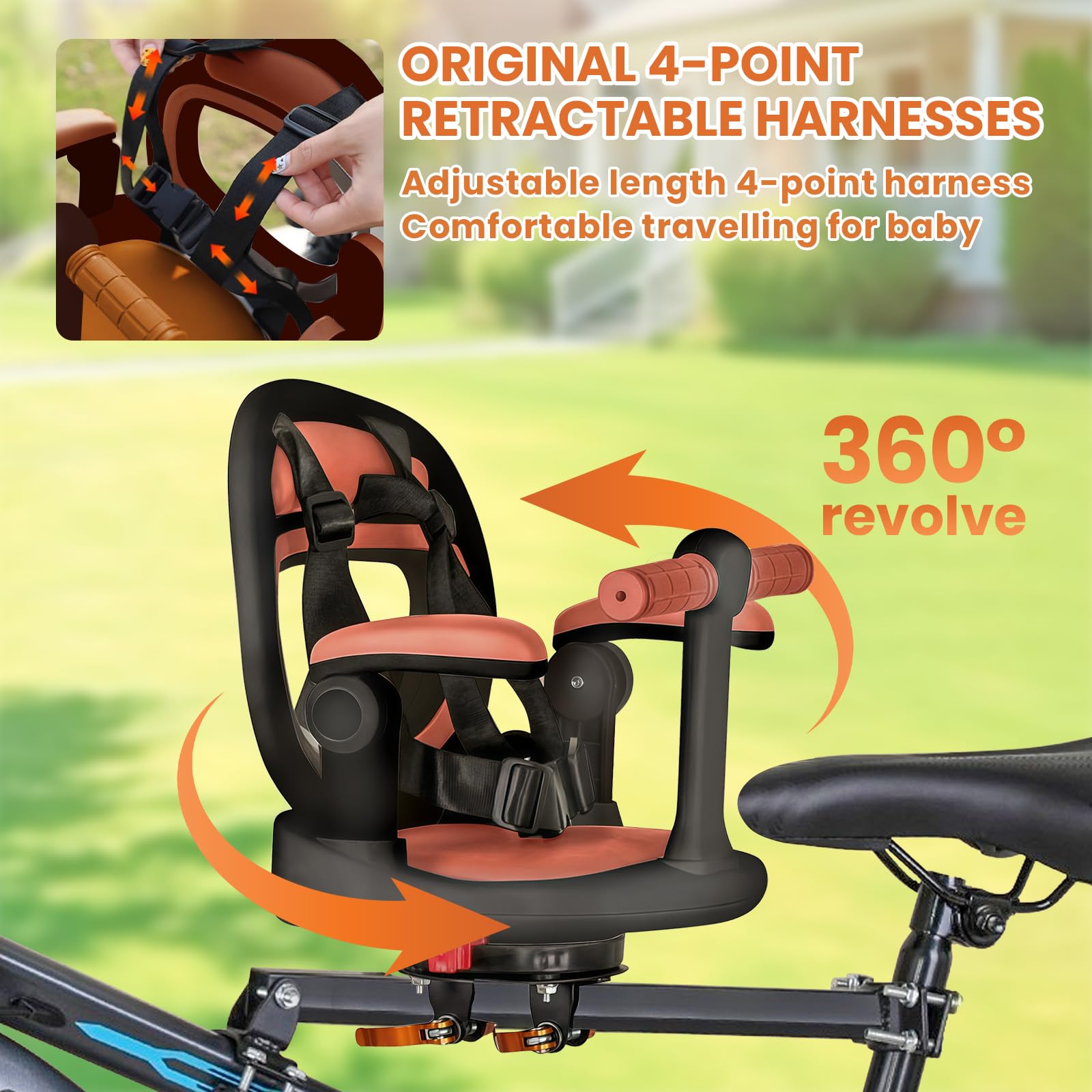 Auvstar kids mountain bike seat mounted on a bike, showing the detachable front seat for children 1-3 years old with 360° rotation.