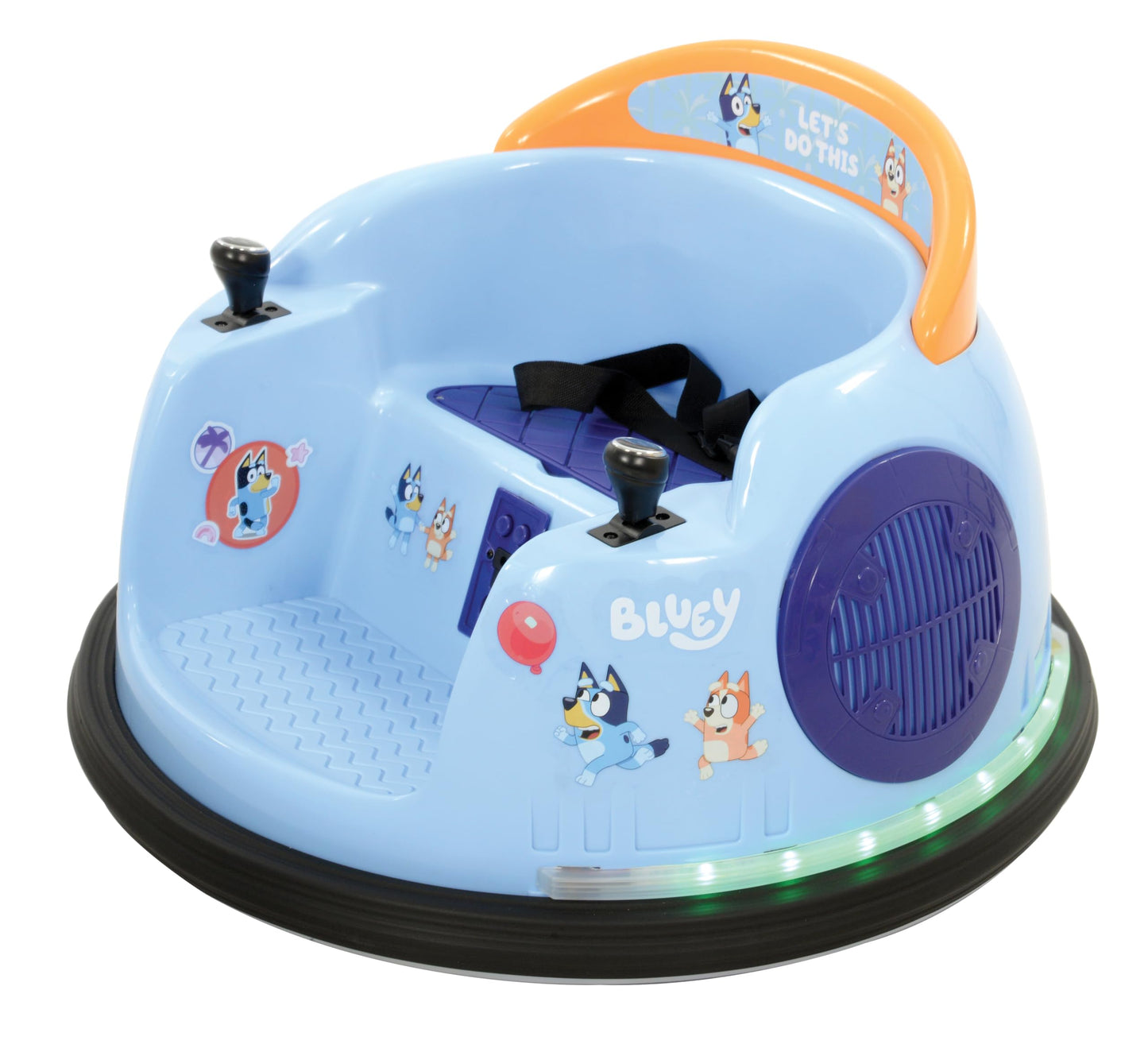 Bluey kids bumper car with LED lights, sound, 360° spin, and safety features, designed for toddlers ages 3+ and up to 30kg.