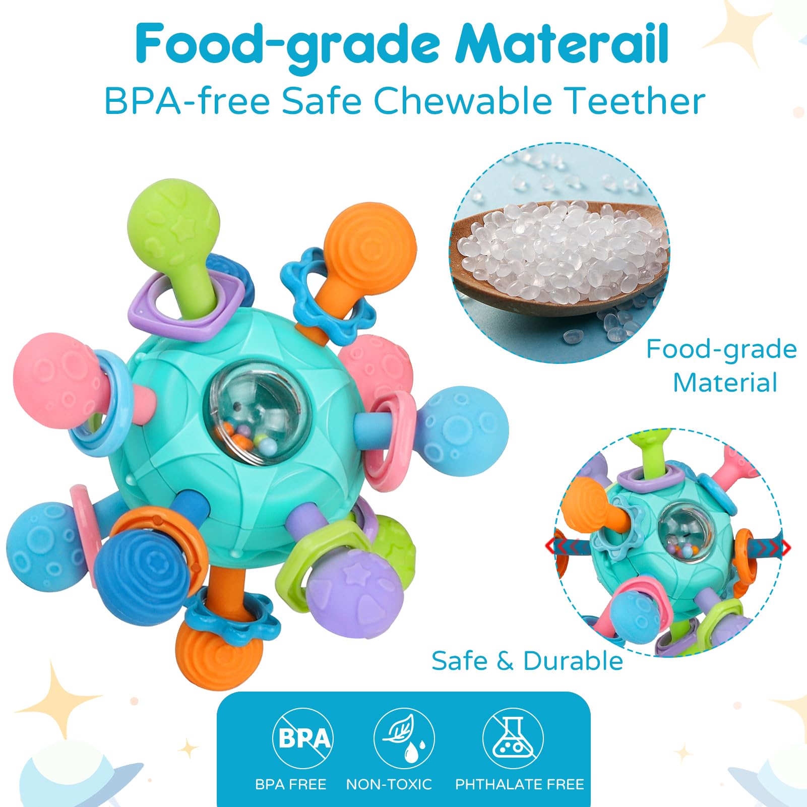 Blue Kaybolge baby rattle and teether toy for infants 0-12 months, featuring sensory and Montessori elements for newborns and toddlers.
