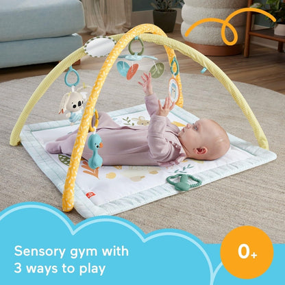 Fisher-Price Simply Senses Baby Playmat with colorful sensory toys, mobile, and soft surface for newborn developmental play.