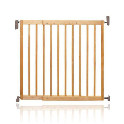 Munchkin Lindam Wall Fix extending wooden safety gate with secure latch and adjustable width for child safety.