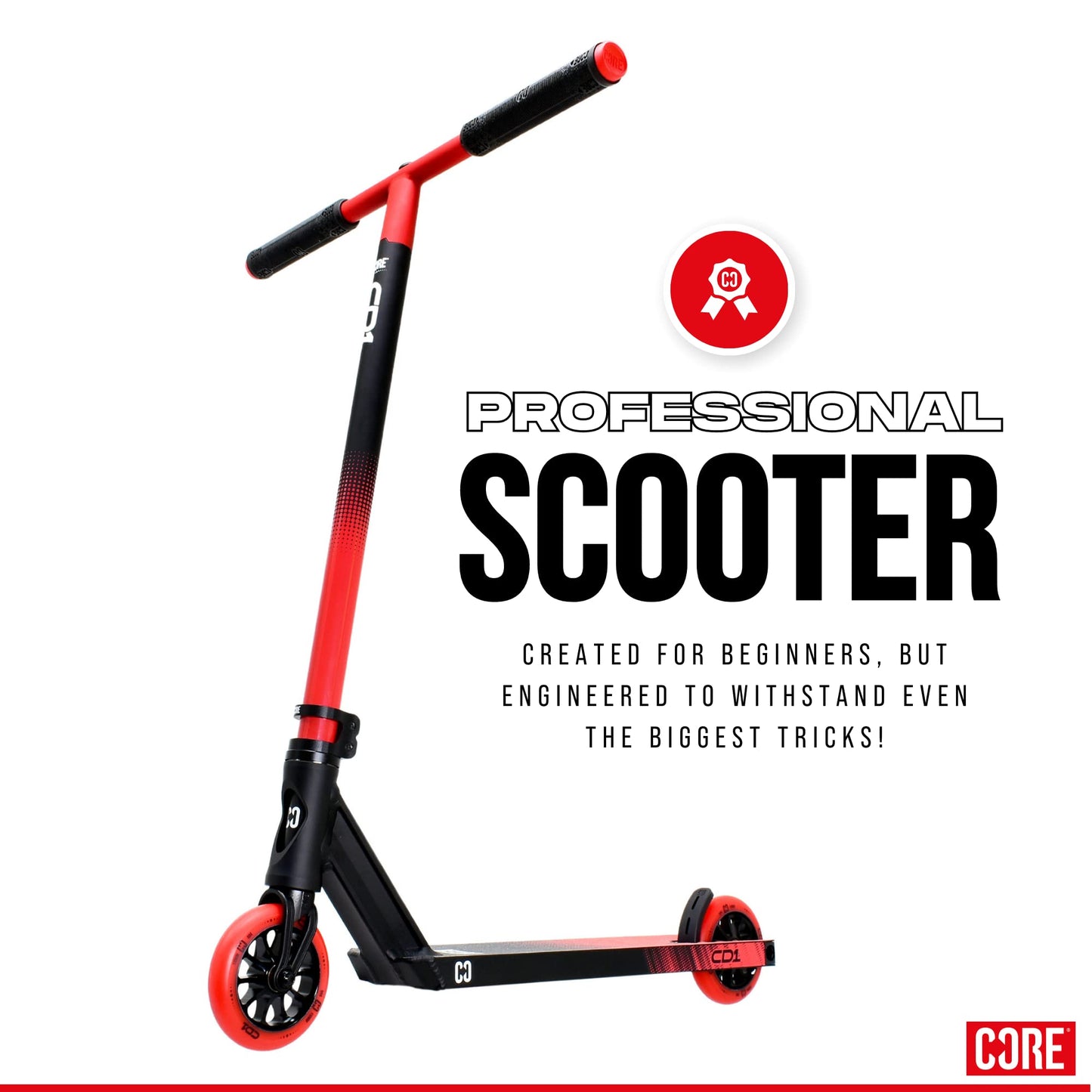 Core CD1 stunt scooter in black and red, designed for kids and beginners, suitable for freestyle riding and skatepark use.