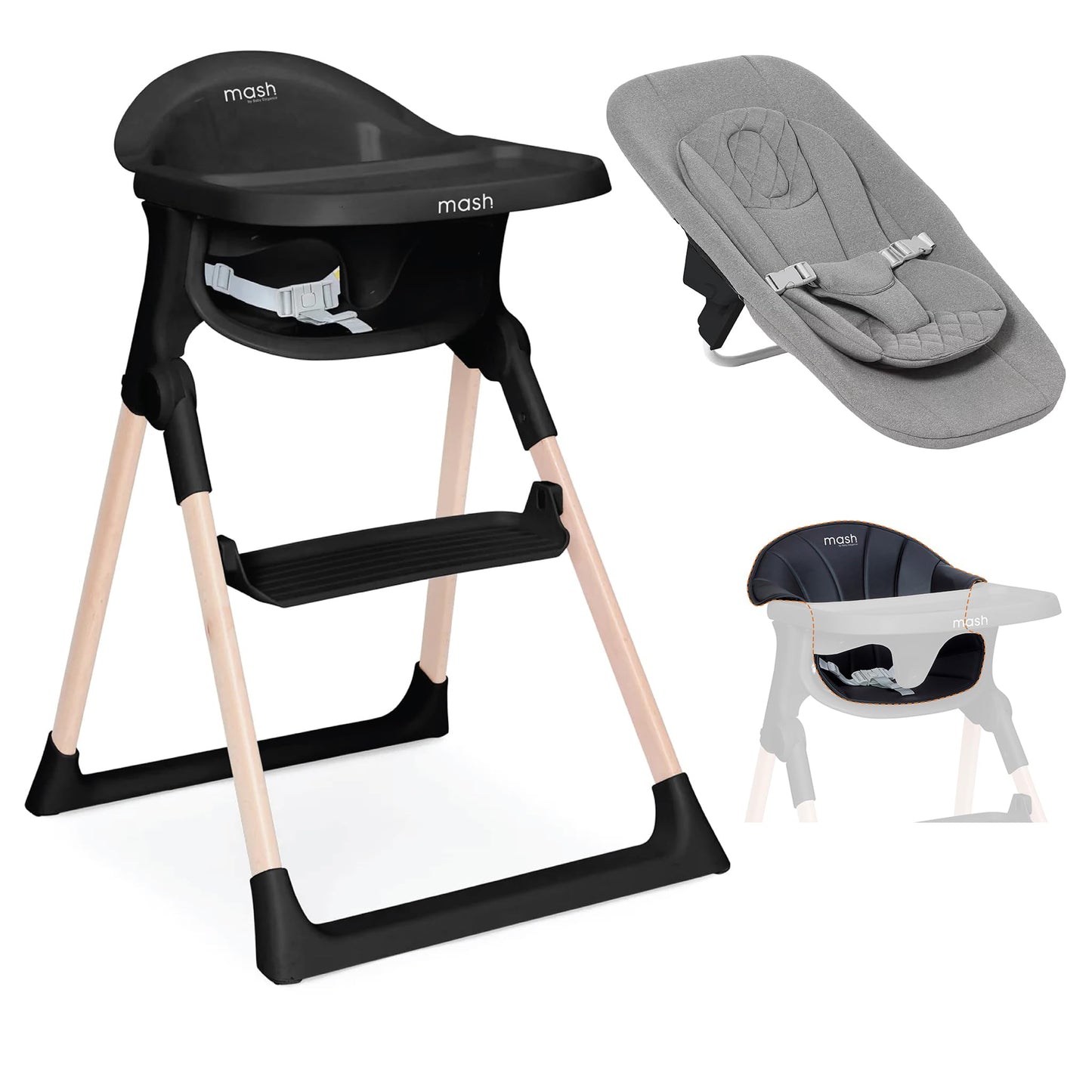 Mash High Chair Bundle by Baby Elegance | Includes Newborn Seat (0-6 Months), Toddler Seat (6+ Months) & Black Cushion | Adjustable Black High Chair for Babies & Toddlers