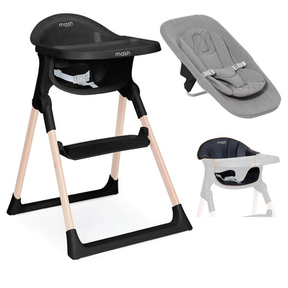 Mash High Chair Bundle by Baby Elegance | Includes Newborn Seat (0-6 Months), Toddler Seat (6+ Months) & Black Cushion | Adjustable Black High Chair for Babies & Toddlers