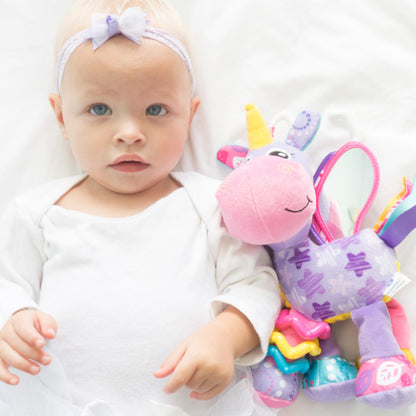Playgro Activity Friend Stella Unicorn - Delight Your Baby Girl with this Sensory Development Toy, Ideal Baby Girl Gift for 0+ Months - On-The-Go Fun with Car Seat Toys and Pram Toy
