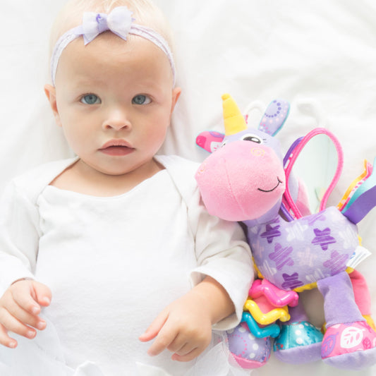 Playgro Activity Friend Stella Unicorn - Delight Your Baby Girl with this Sensory Development Toy, Ideal Baby Girl Gift for 0+ Months - On-The-Go Fun with Car Seat Toys and Pram Toy