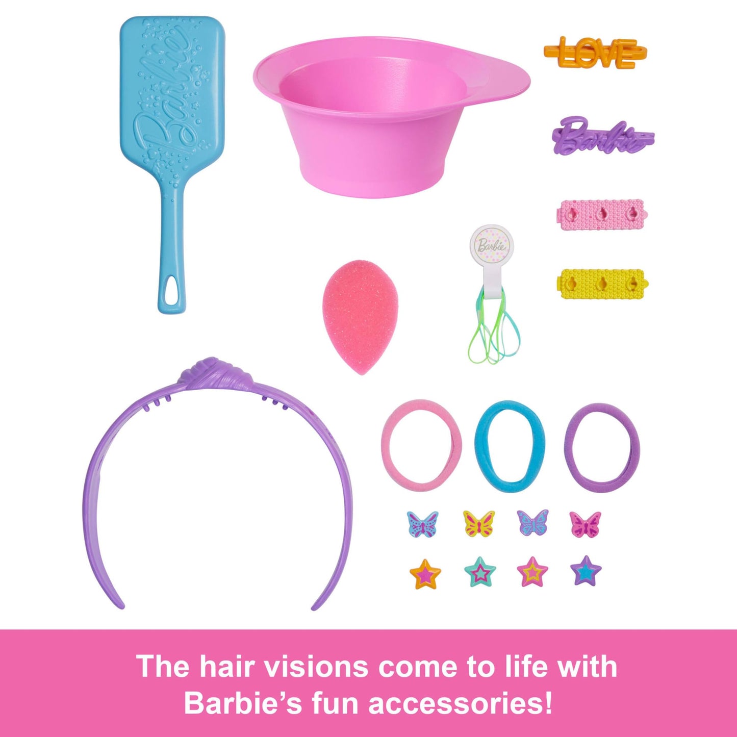 Barbie Doll Styling Head with dark brown hair, star and butterfly hair clips, and over 20 styling accessories for creative play