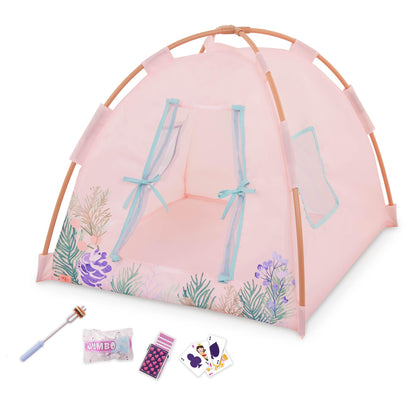 Our Generation Camping Nights doll tent playset with accessories for 18-inch dolls, ideal for pretend play and camping fun.