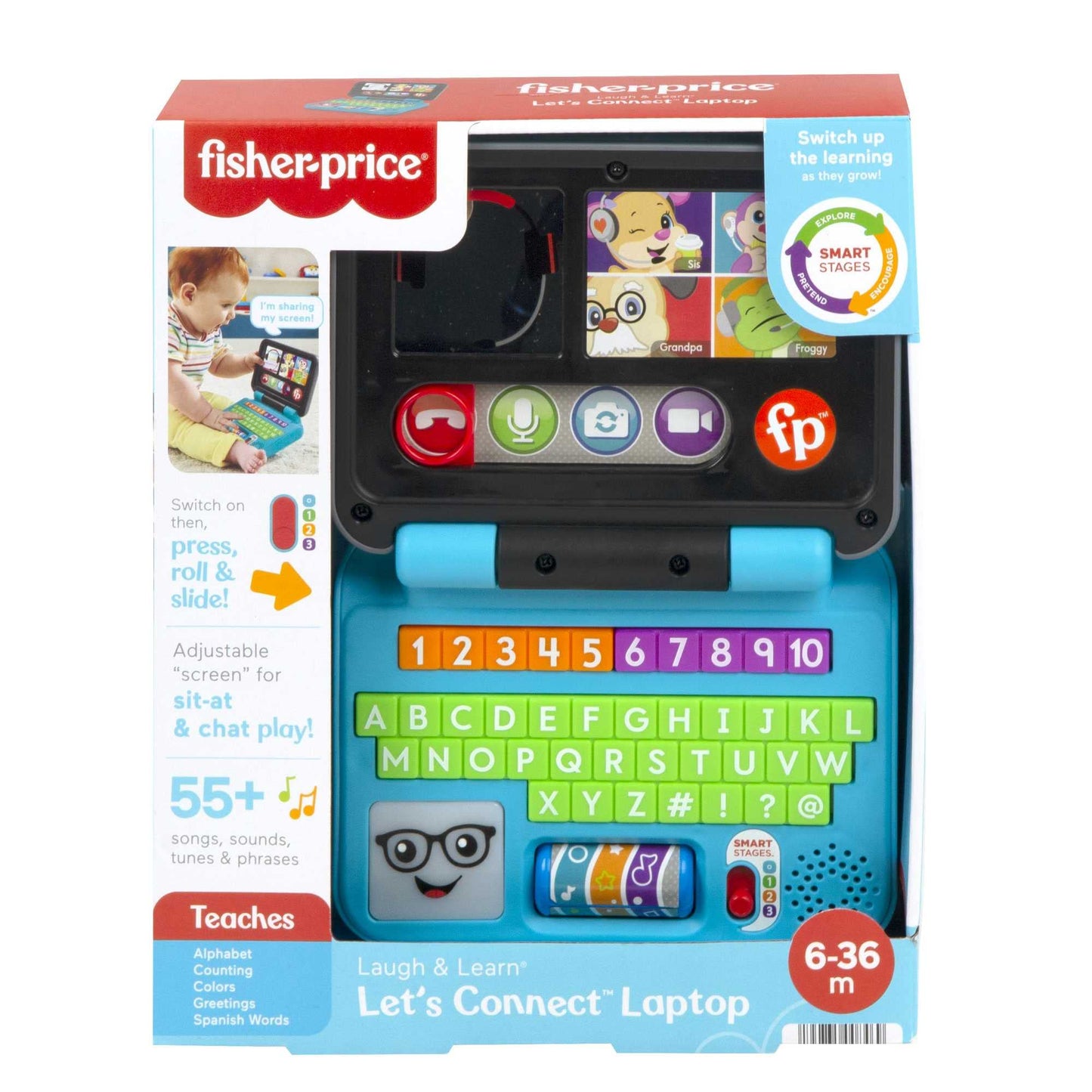 Fisher-Price Laugh & Learn Let's Connect Laptop toy with colorful buttons and screen for infants and toddlers, UK edition.