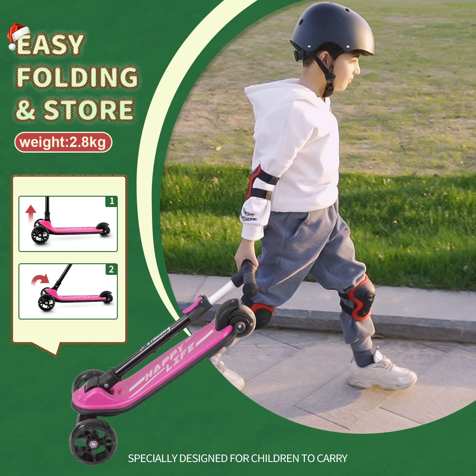 Besrey kids' 3-wheel folding kick scooter with LED light wheels, adjustable height, wide deck for outdoor fun for ages 3-10.