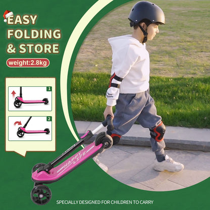 Besrey kids' 3-wheel folding kick scooter with LED light wheels, adjustable height, wide deck for outdoor fun for ages 3-10.