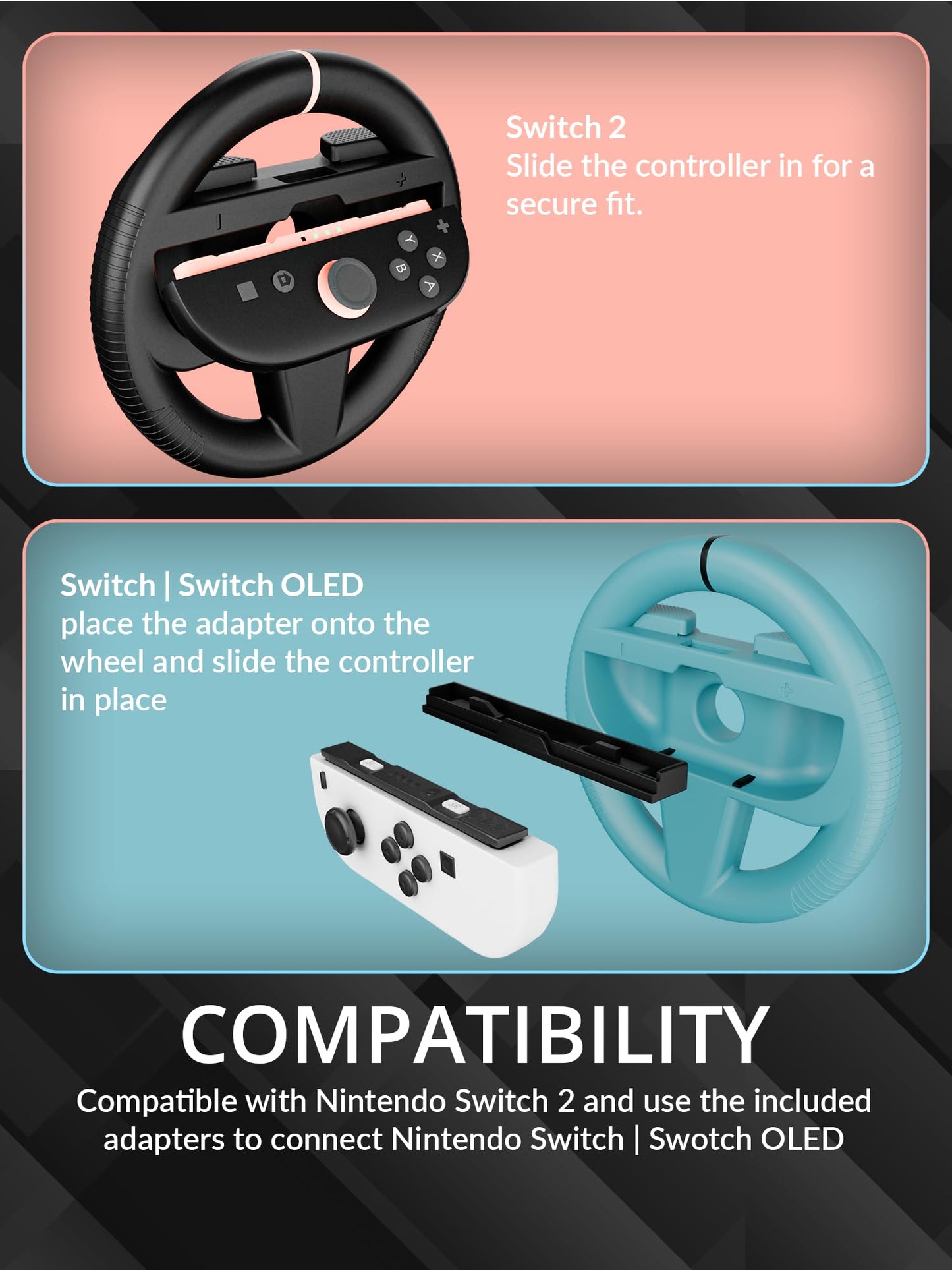 Orzly racing steering wheels for Nintendo Switch Joy-Con, includes 4 colorful attachments in black, blue, and red for racing game fun.