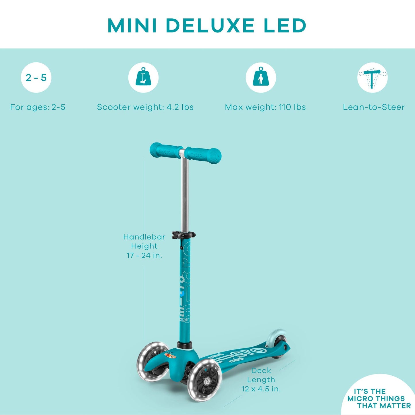 Micro Scooters | Mini Micro Deluxe LED Children's Scooter | Extra Grippy Deck | Weather Tested Stem | Remove & Fold Handlebar | Light Up Wheels | 2-5yrs | Boys & Girls | Aqua