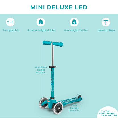Micro Scooters | Mini Micro Deluxe LED Children's Scooter | Extra Grippy Deck | Weather Tested Stem | Remove & Fold Handlebar | Light Up Wheels | 2-5yrs | Boys & Girls | Aqua