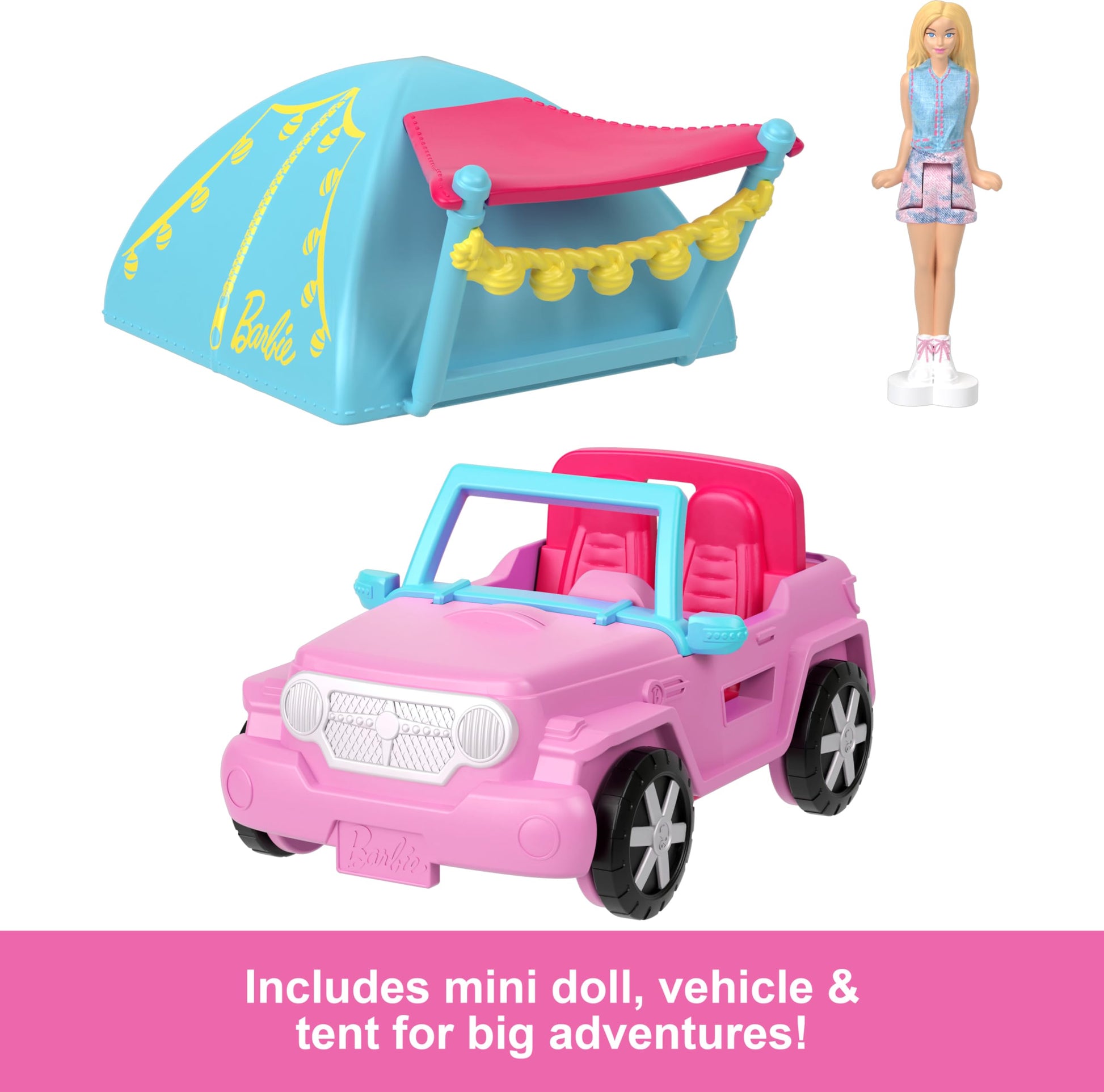 Mini BarbieLand doll and toy vehicle set featuring a 1.5-inch Barbie doll, color-change SUV, and tent accessory by Barbie.
