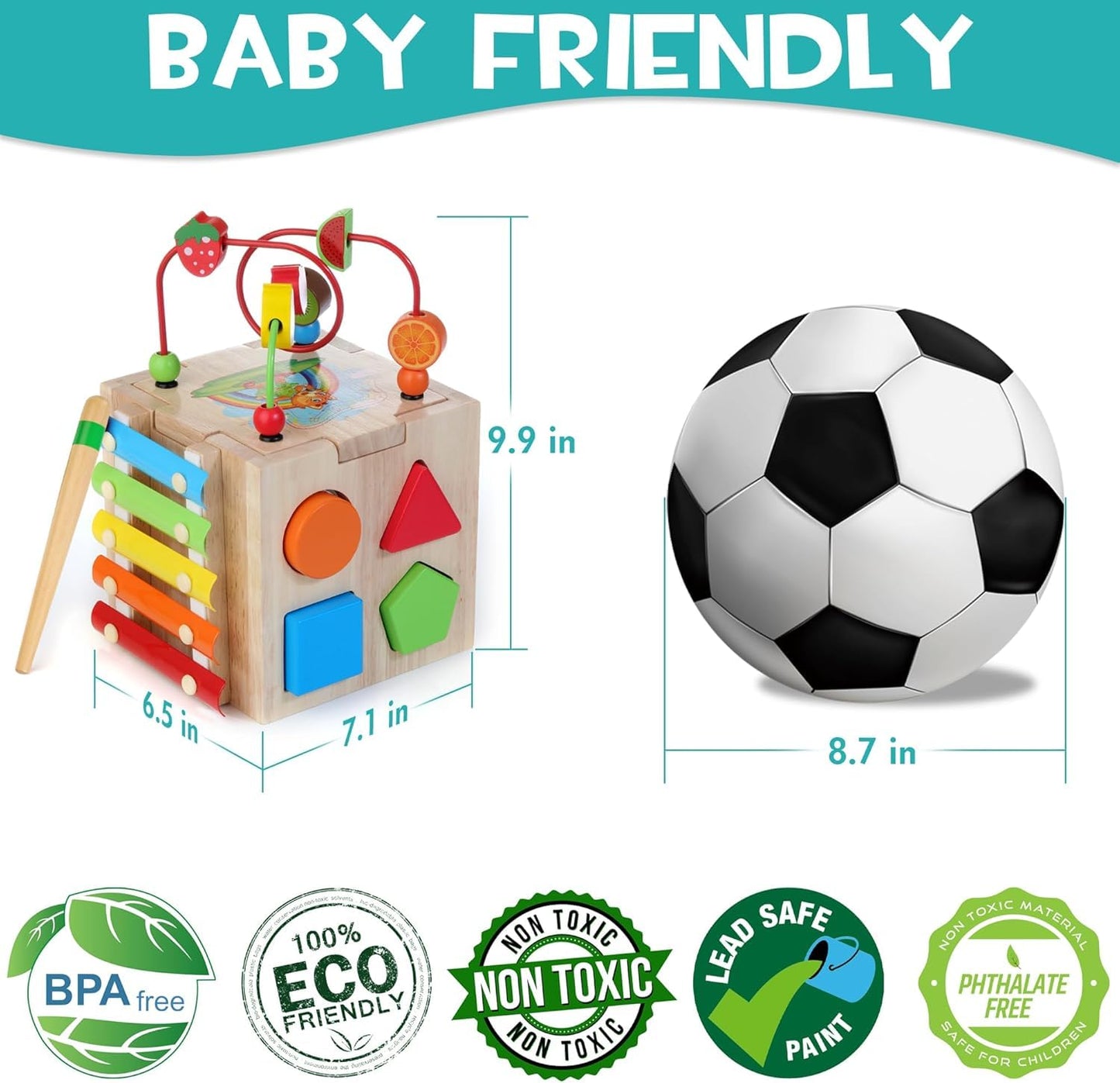 HELLOWOOD wooden activity cube for babies with bead maze, shape sorter, abacus, xylophone, clock, and word learning features.