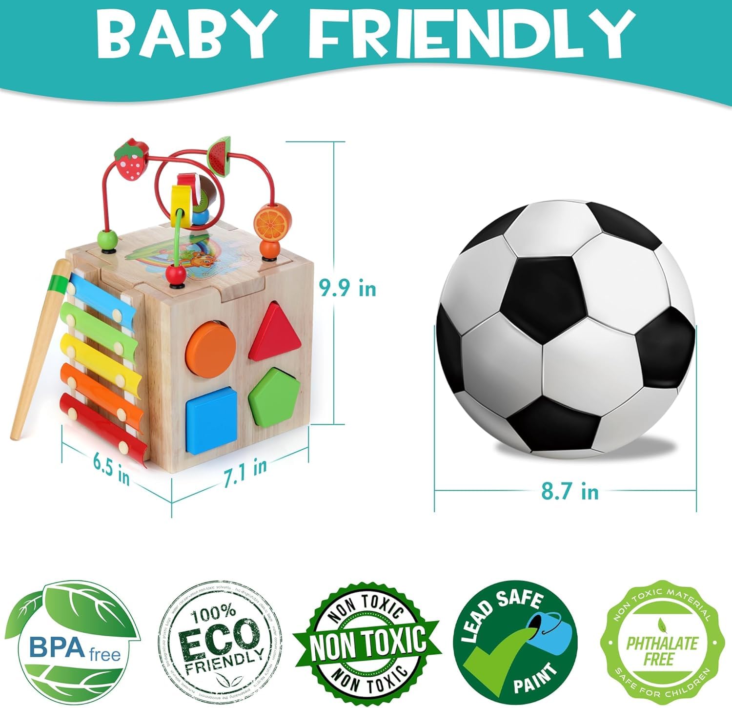 HELLOWOOD wooden activity cube for babies with bead maze, shape sorter, abacus, xylophone, clock, and word learning features.