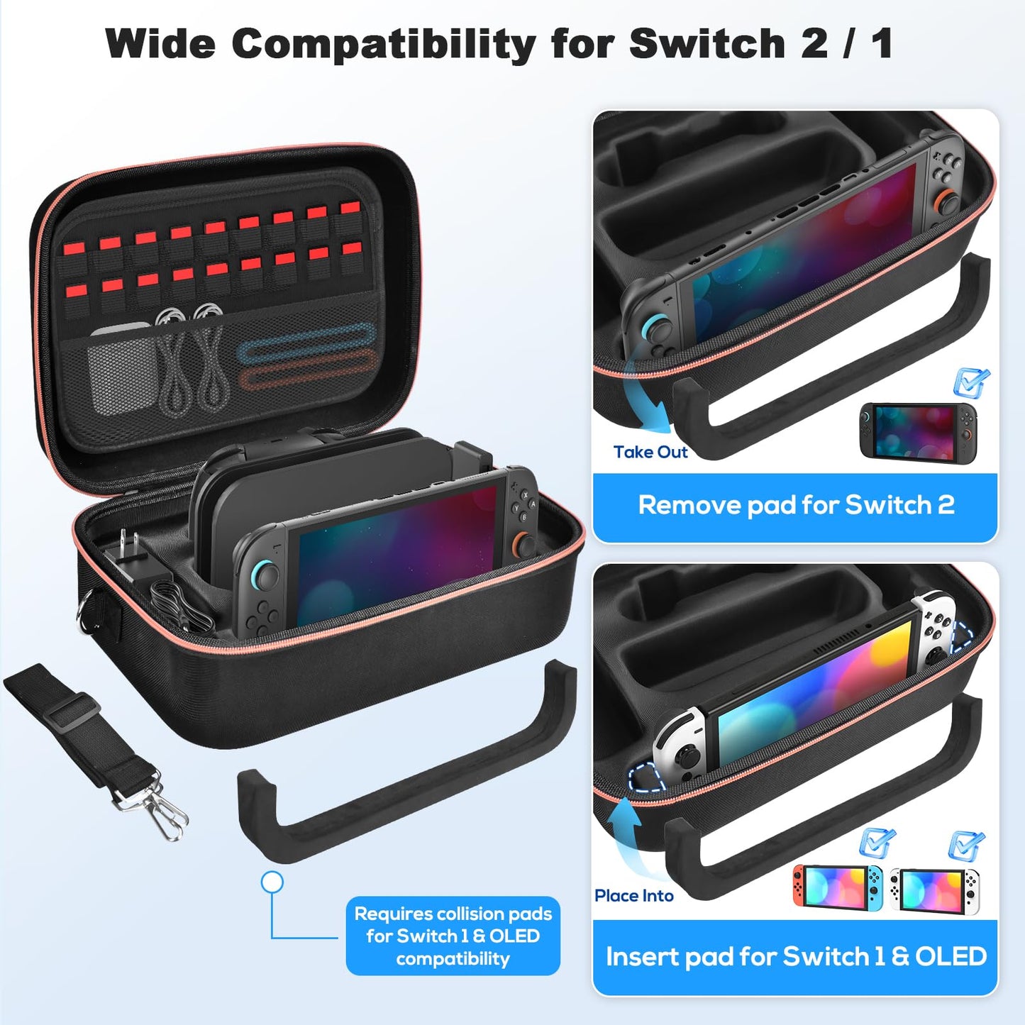 Gorixer Nintendo Switch OLED travel case in black with 18 game card slots and storage for console and accessories.