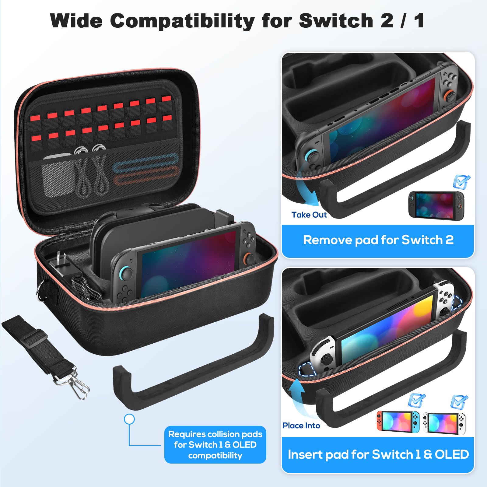 Gorixer Nintendo Switch OLED travel case in black with 18 game card slots and storage for console and accessories.