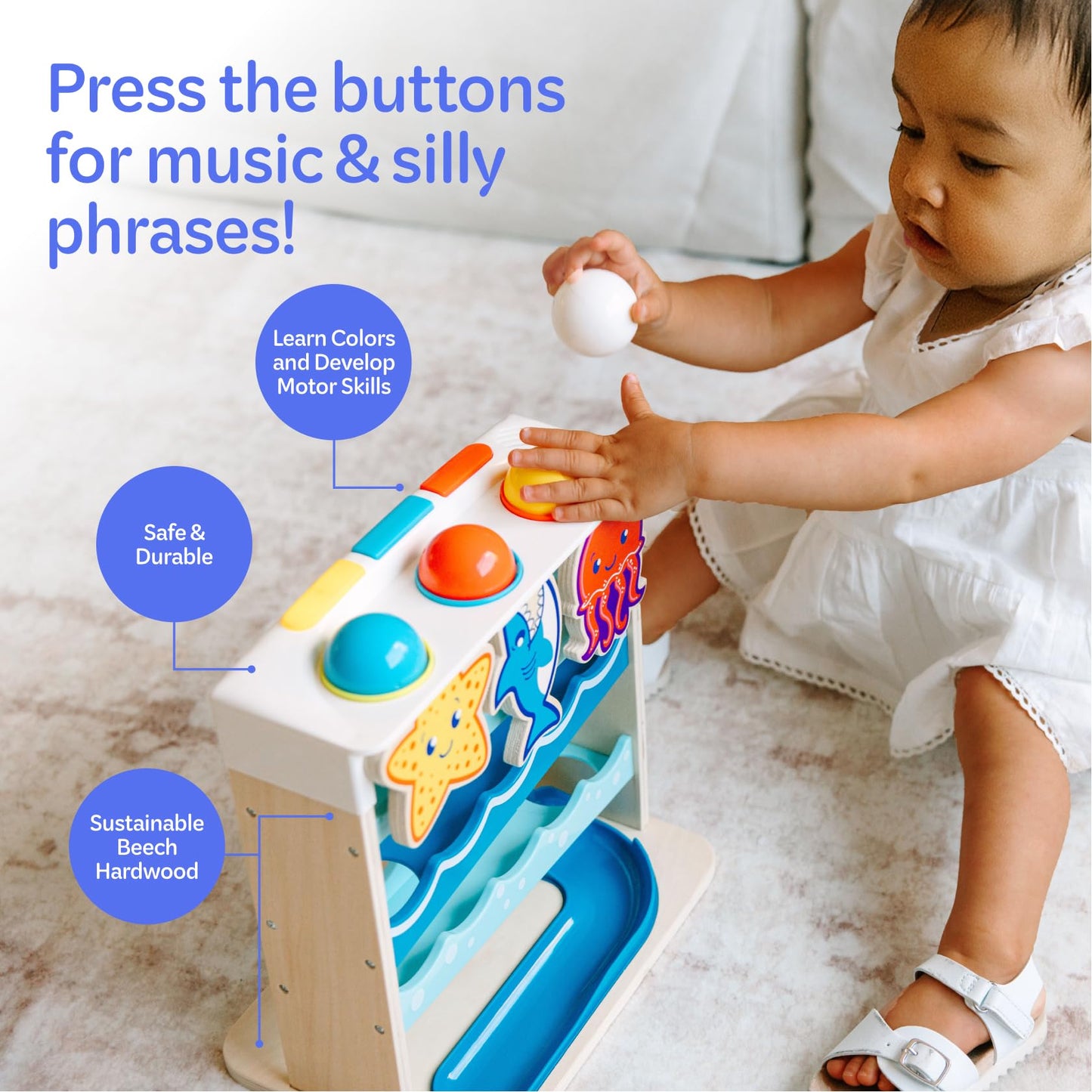 Wooden Ocean Friends interactive toy by Move2Play, featuring colorful sea creatures for babies 1 year and older.