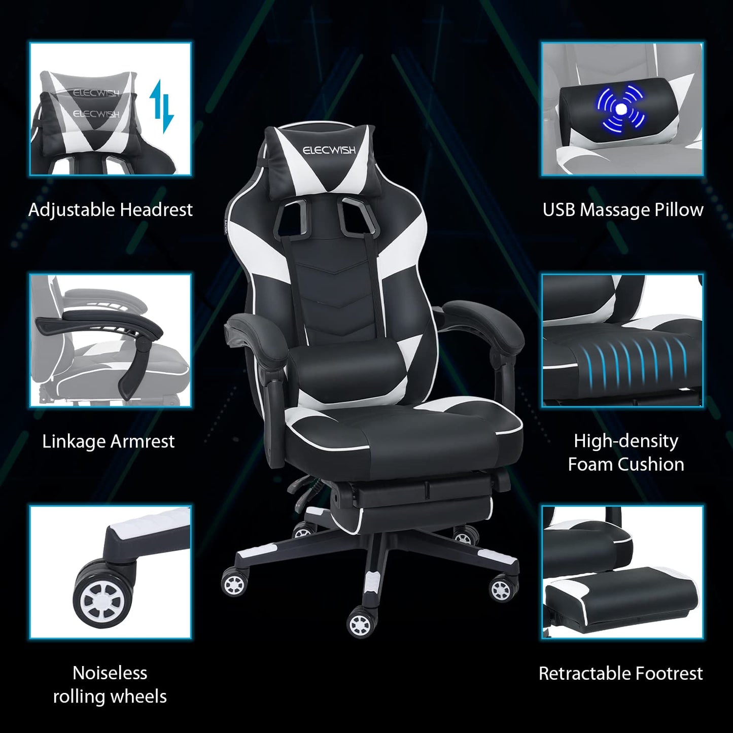 Fullwatt white gaming desk chair with high back, adjustable arms, footrest, swivel function, and PU leather for home office use