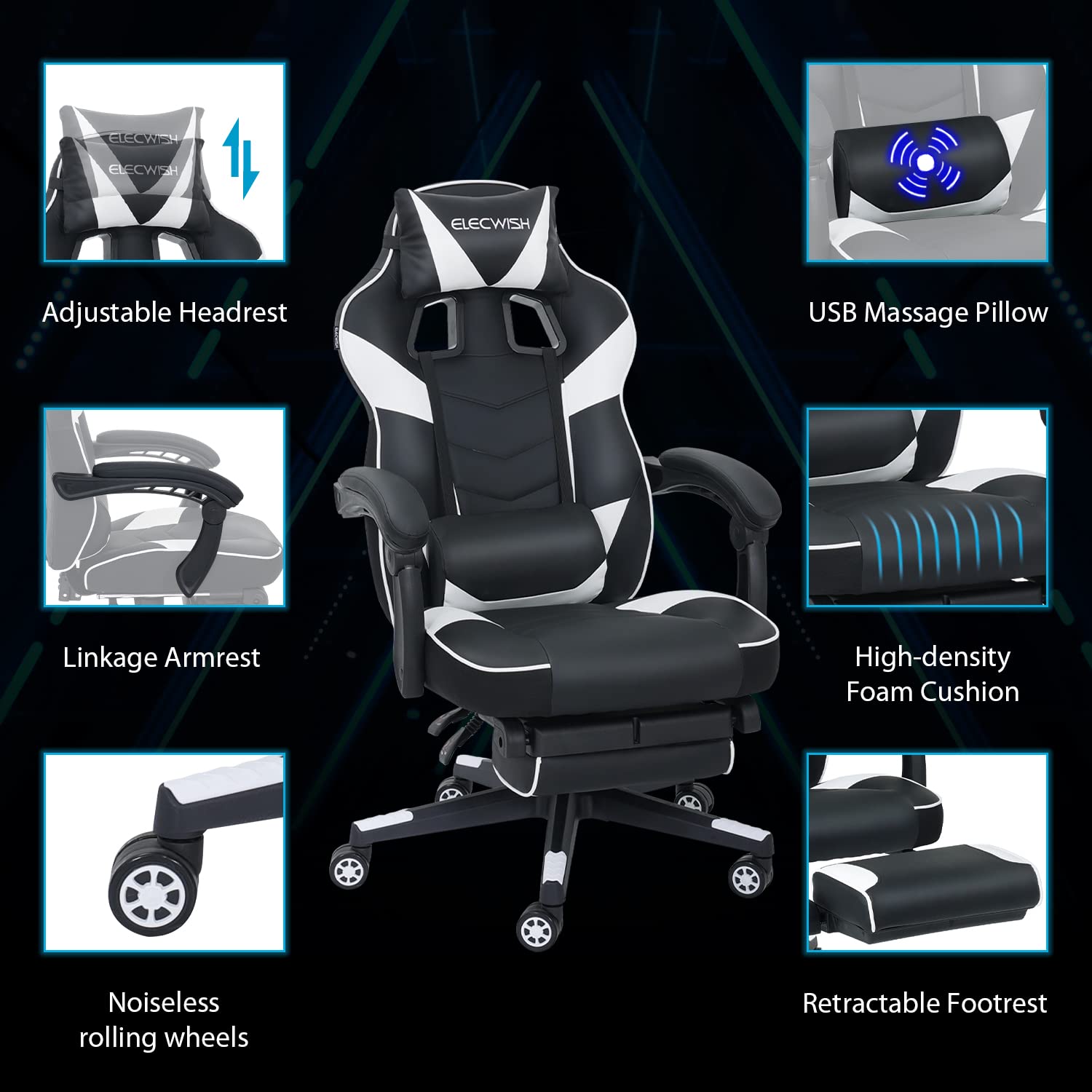 Fullwatt white gaming desk chair with high back, adjustable arms, footrest, swivel function, and PU leather for home office use