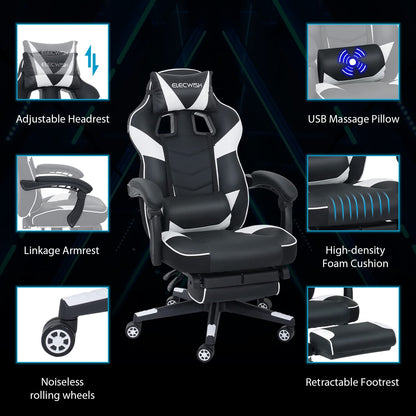Fullwatt white gaming desk chair with high back, adjustable arms, footrest, swivel function, and PU leather for home office use
