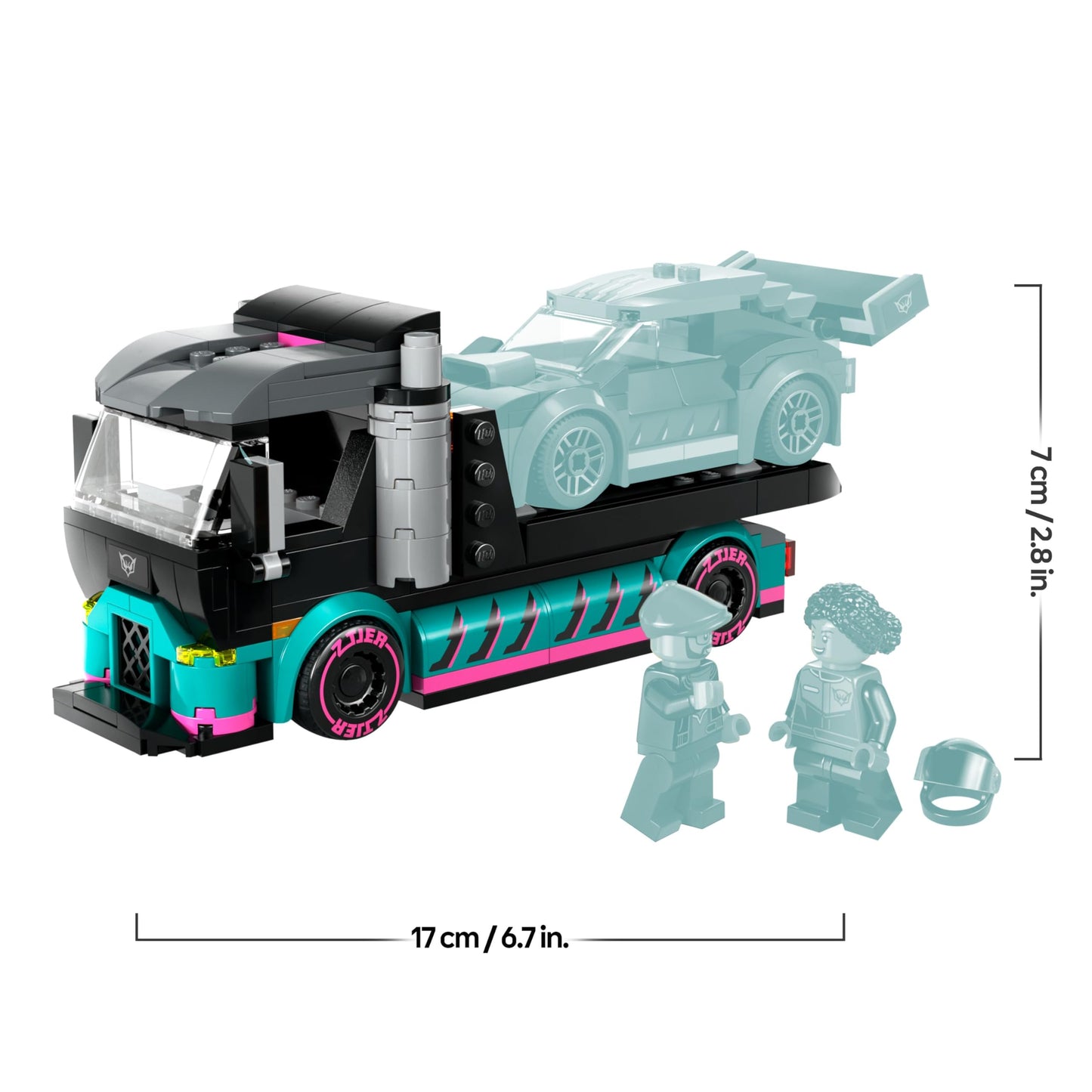 LEGO City race car and car carrier truck set with adjustable ramp, racer and driver minifigures, ideal for kids 6+.
