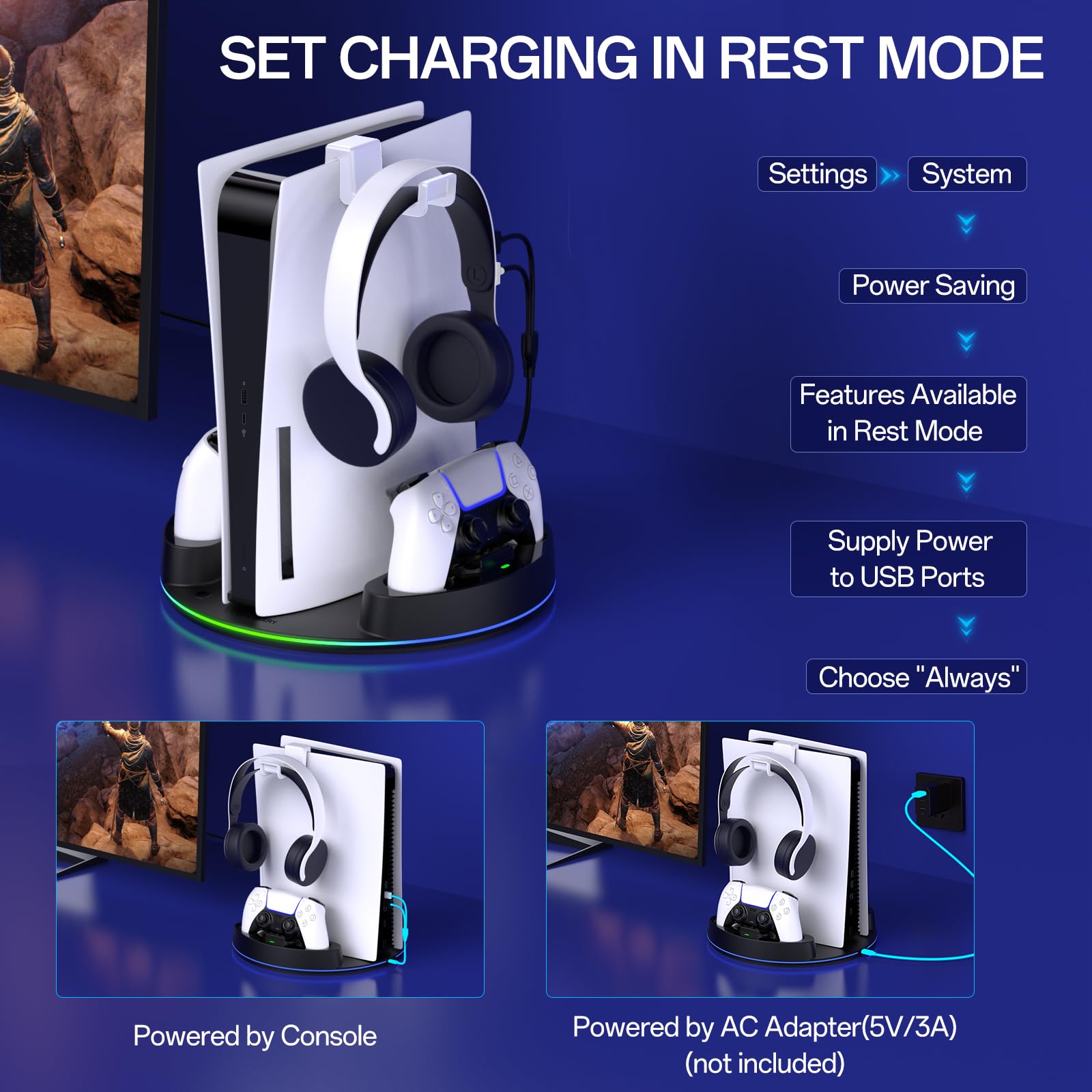 NEWDERY PS5 stand and dual controller charger station with RGB light, black vertical console stand for PlayStation 5 Digital and Disc models