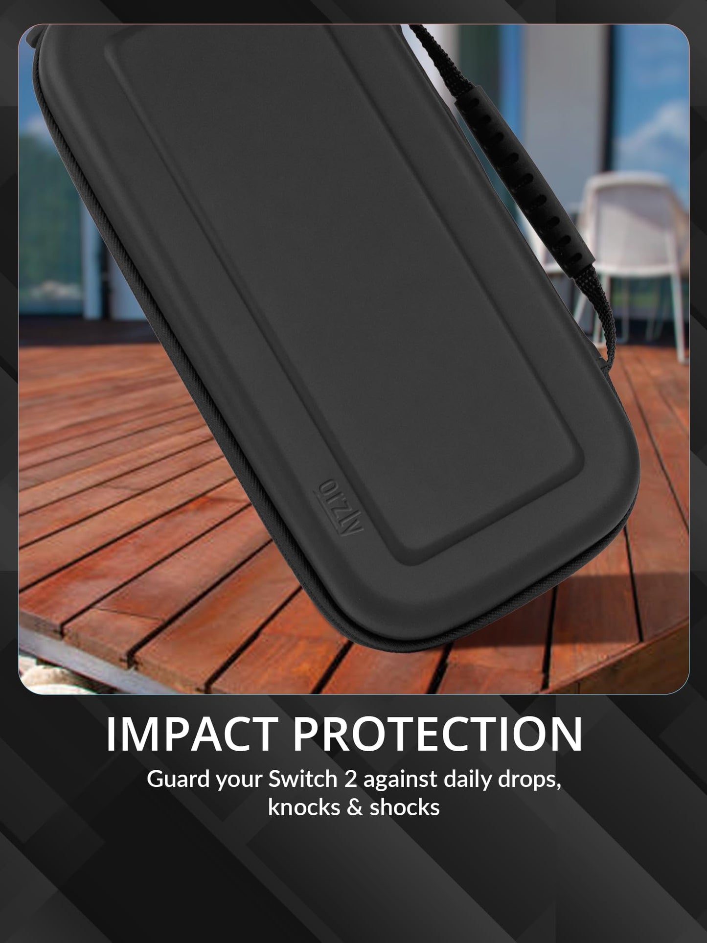 Orzly Nintendo Switch 2 protective travel carry case with screen padding, game card slots, microSD slots, zipped and open pockets.