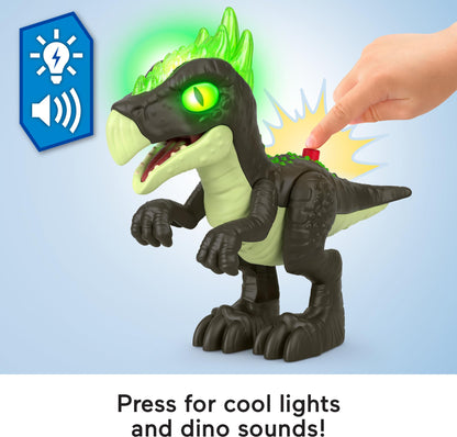 Fisher-Price Imaginext Jurassic World Dracorex dinosaur toy with lights and sounds, 10 inches tall, for kids ages 3 and up.