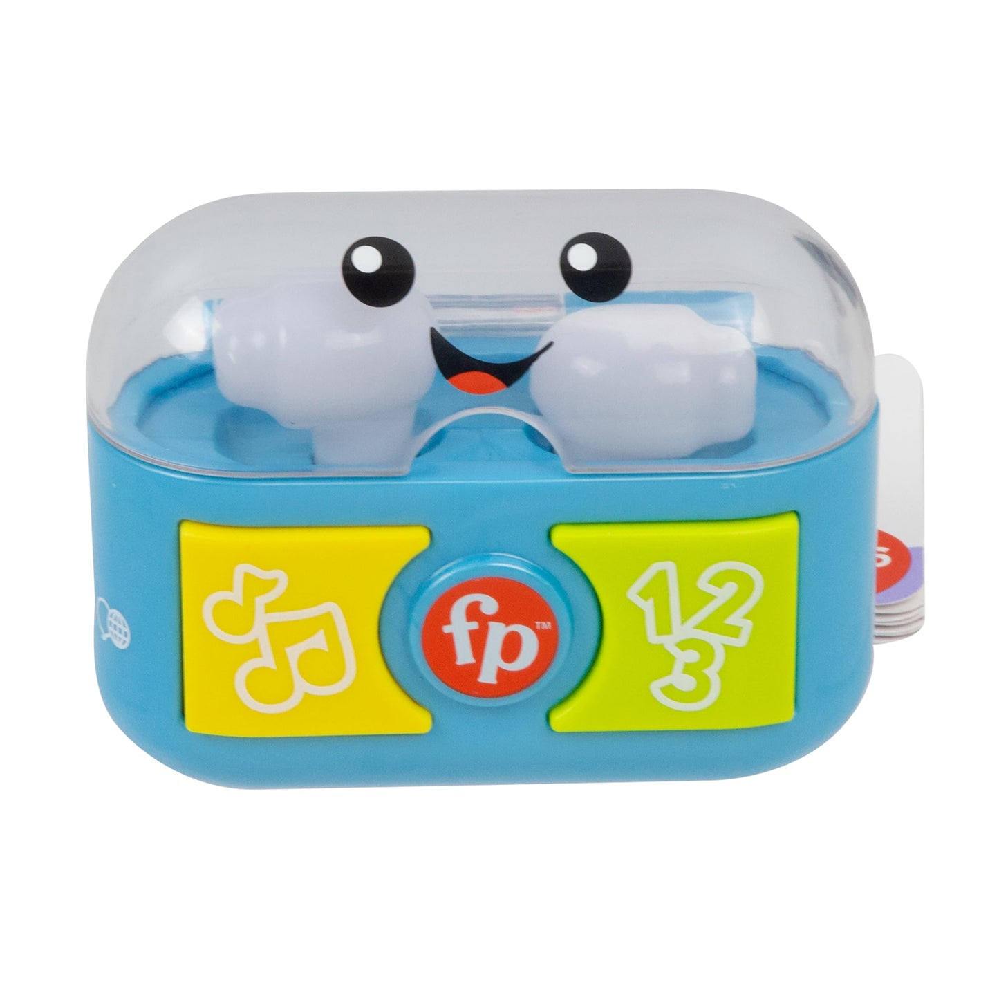 Fisher-Price Laugh & Learn baby toy with colorful ear buds, music, and lights for toddlers 6+ months, multilingual version.
