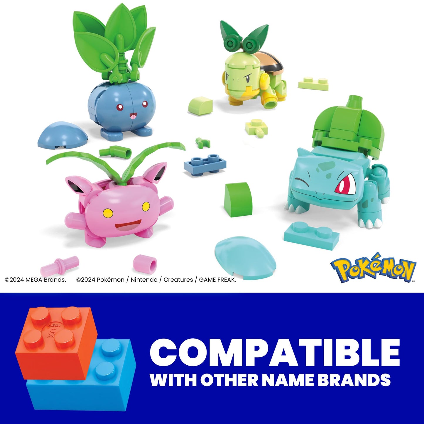 MEGA Pokémon Building Toys set featuring Grass-Type Trainer and 4 poseable characters, 118 pieces in total.
