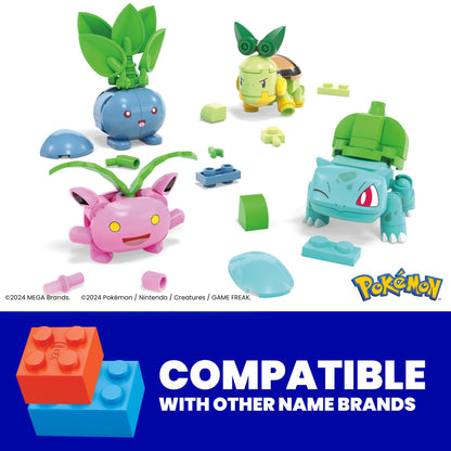 MEGA Pokémon Building Toys set featuring Grass-Type Trainer and 4 poseable characters, 118 pieces in total.