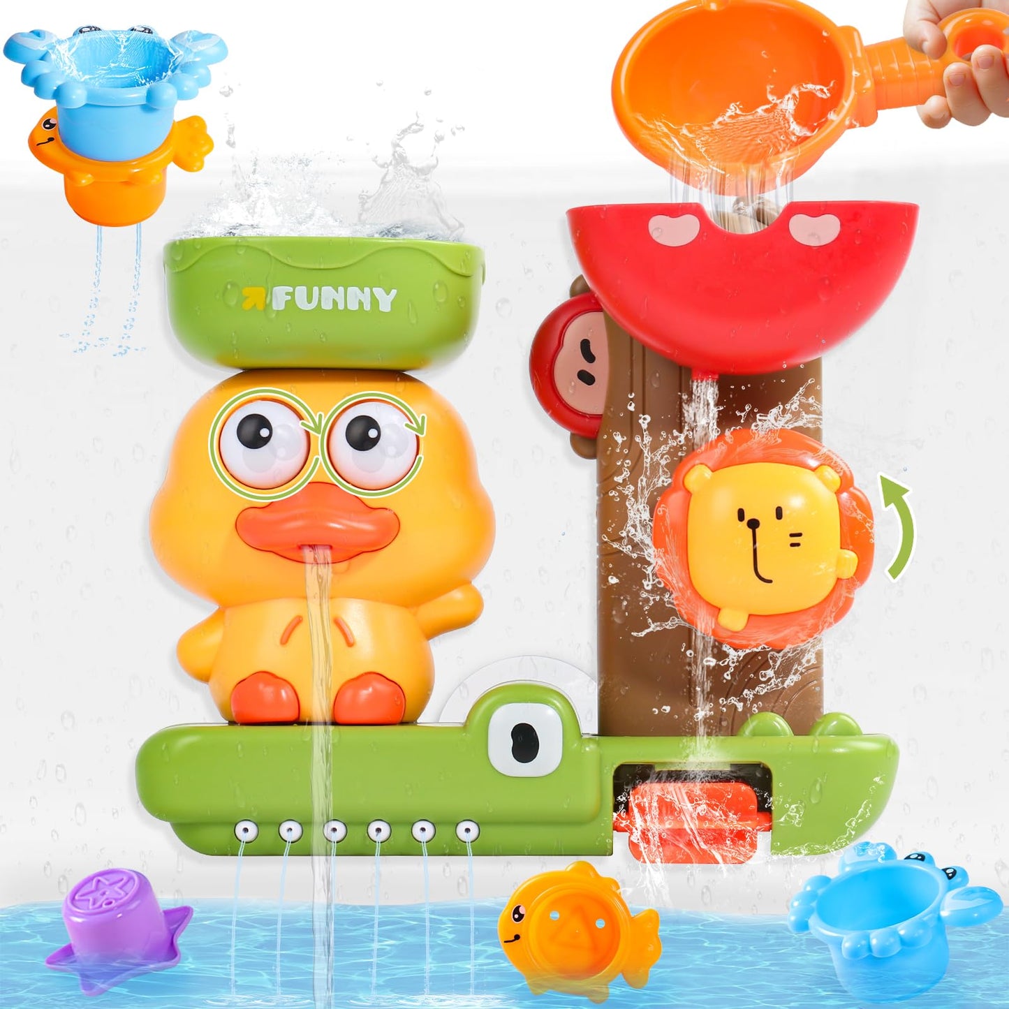 Fajiabao bath toys for toddlers, featuring a spoon and three stackable animal cups for fun water play during bath time.