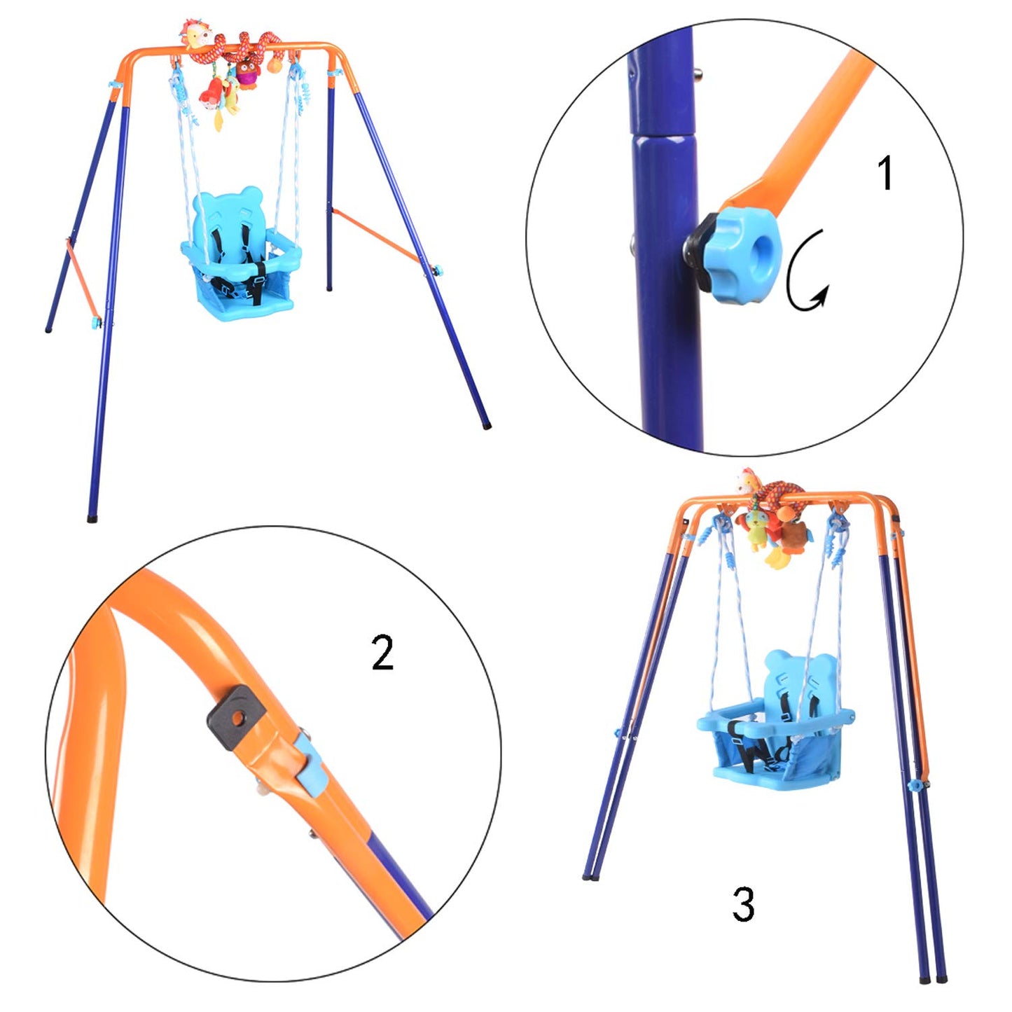 DRM folding baby toddler swing set with support back and spiral hanging toys, suitable for indoor and outdoor use for children.