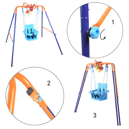 DRM folding baby toddler swing set with support back and spiral hanging toys, suitable for indoor and outdoor use for children.