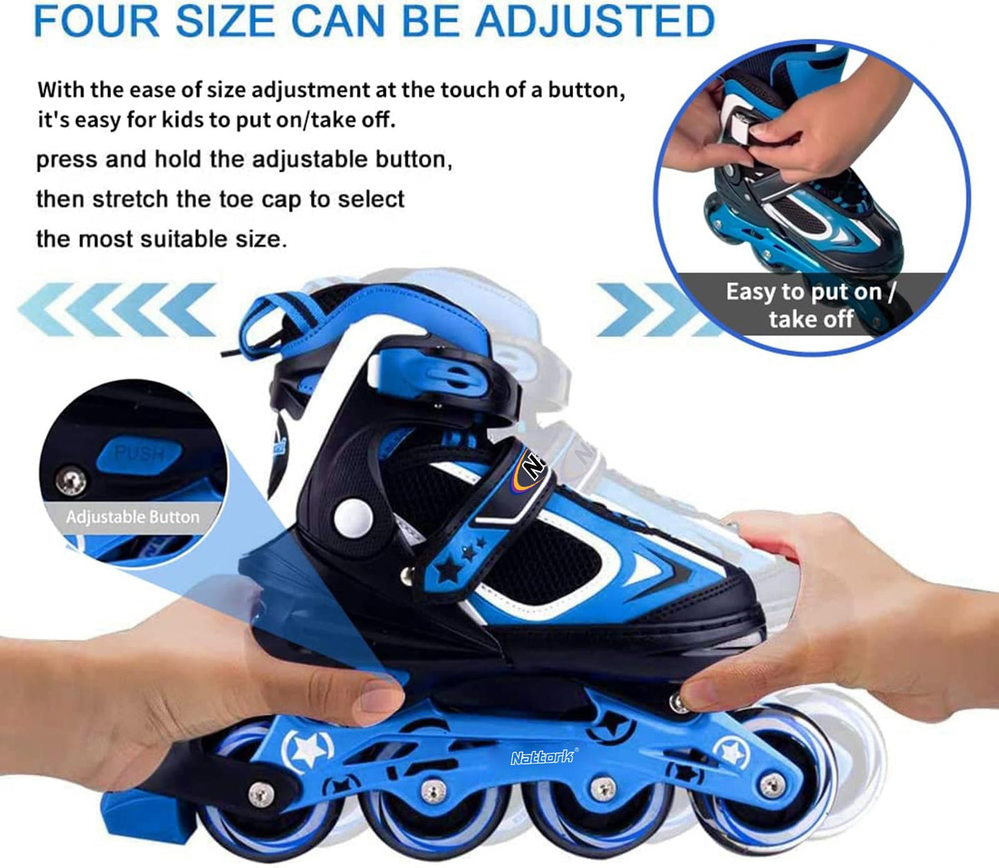 Nattork Blade Roller Skates for boys with light-up wheels, blue inline skates for outdoor and indoor use, suitable for ages 5-10.