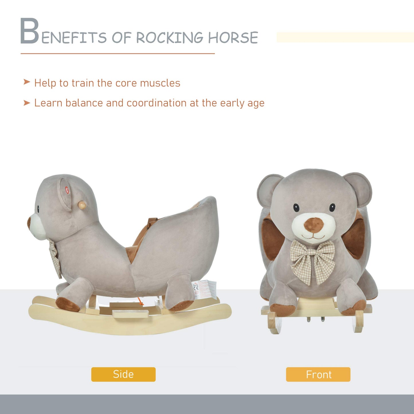 HOMCOM Kids Children Rocking Horse Plush Ride On Bear Seat w/Sound Wood Base Seat Safety Belt Toddler Baby Toy for 18-36 Months Grey