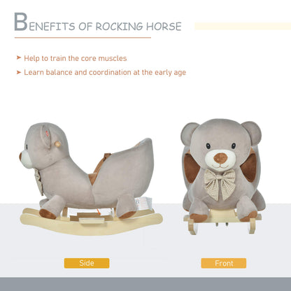 HOMCOM Kids Children Rocking Horse Plush Ride On Bear Seat w/Sound Wood Base Seat Safety Belt Toddler Baby Toy for 18-36 Months Grey