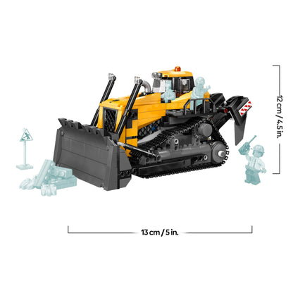 LEGO City yellow bulldozer toy with three minifigures and road signs in a construction setting, perfect for building fun.