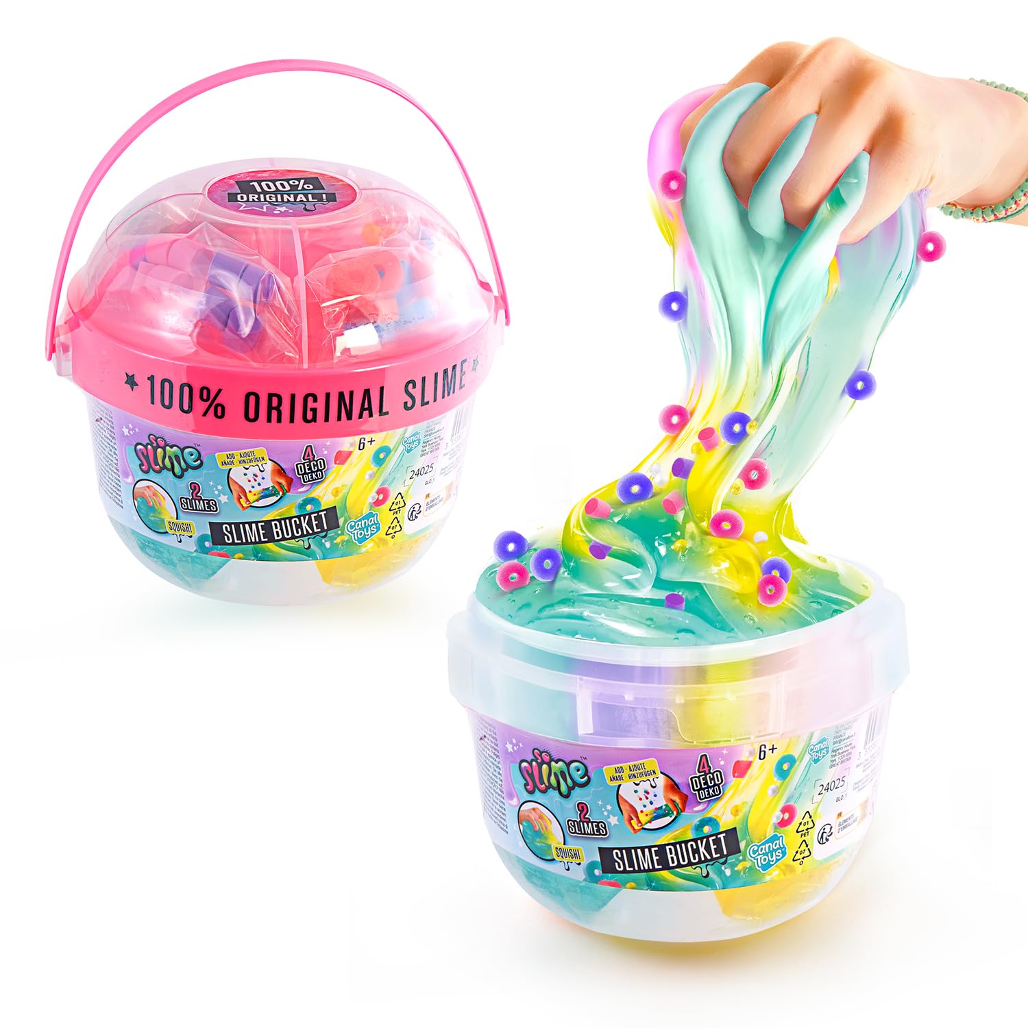 Canal Toys So Slime Mix’in Bucket with two textured slimes, charms, and decorations for kids aged 6+ in colorful containers.