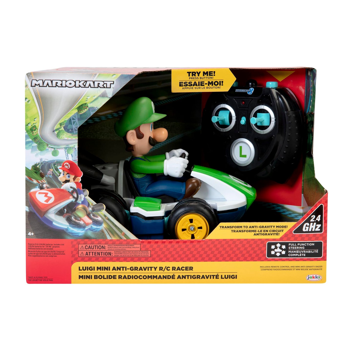 Nintendo Super Mario Kart 8 Luigi RC racer by Jakks Pacific with anti-gravity features, 360 spins, wheelies, drifting, and 100 ft range.