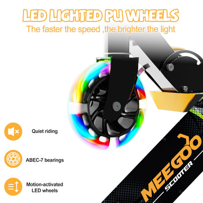 Black MEE GOO scooter for kids ages 3+, featuring light-up wheels, adjustable handlebar, and rear brake.