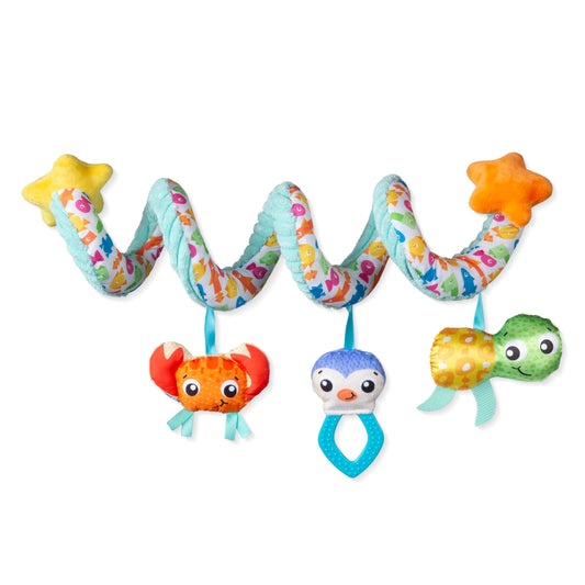 Playgro Ocean Wonders Twirly Whirly baby toy with colorful ocean-themed shapes and spinning elements for sensory play.