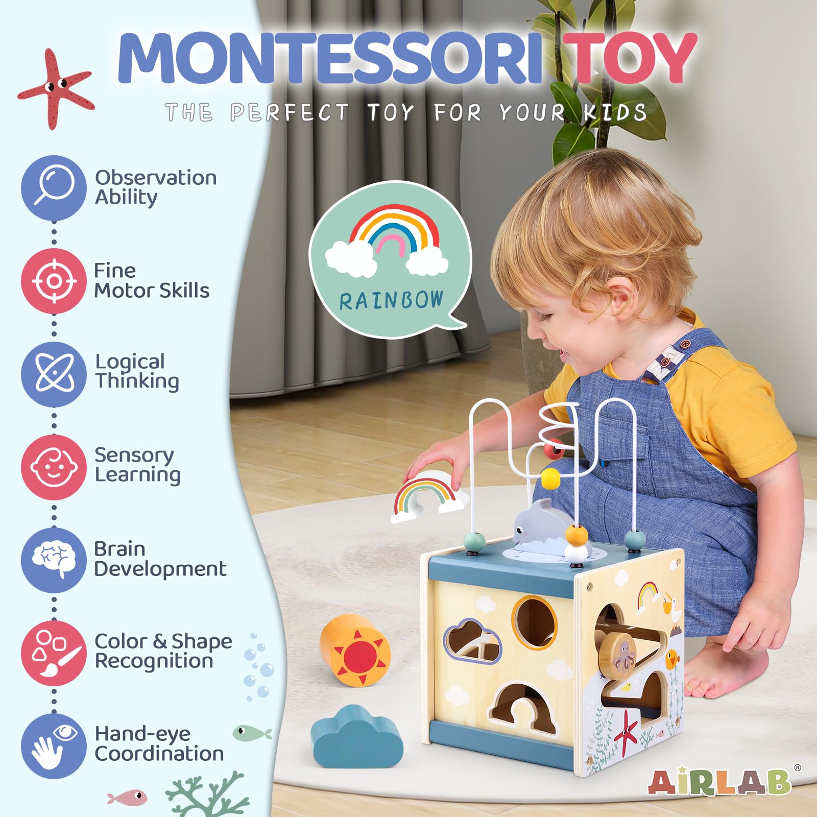 Airlab wooden activity cube with bead maze and shape sorter for babies and toddlers, educational Montessori sensory toy for ages 1-3.